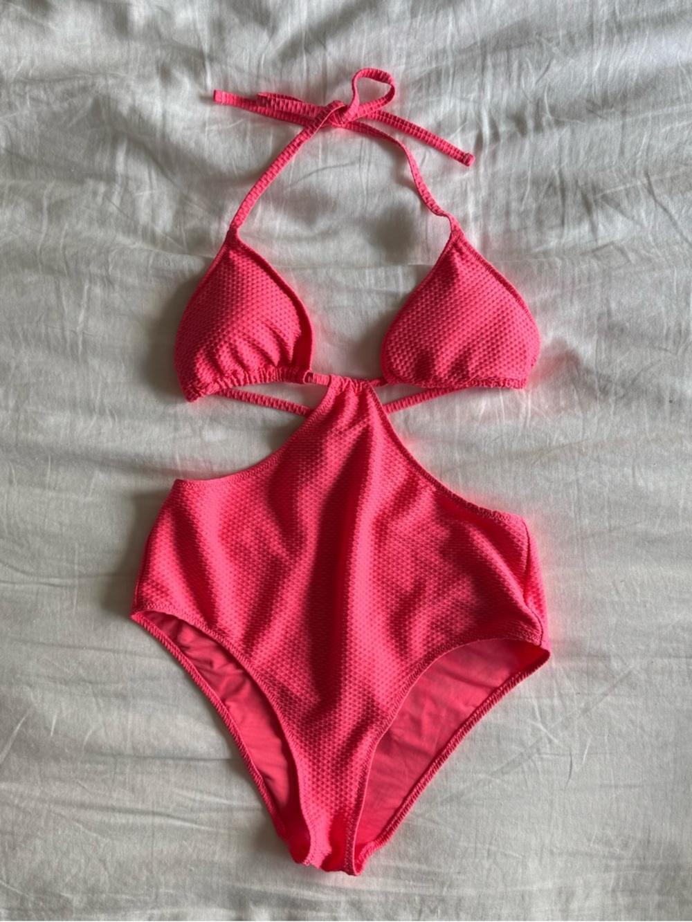Aerie Jacquard Cut Out String One Piece Swimsuit in Coral Sun